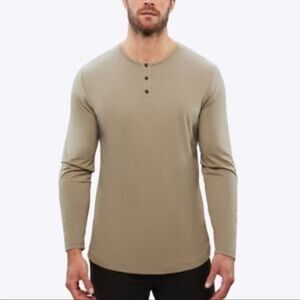 Cuts Split-Hem Tan Long Sleeve Henley Shirt